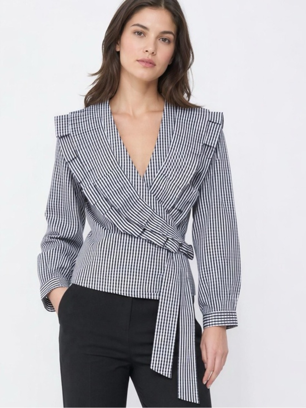Black and White Checkered Long Sleeve Women's Wrap Top
